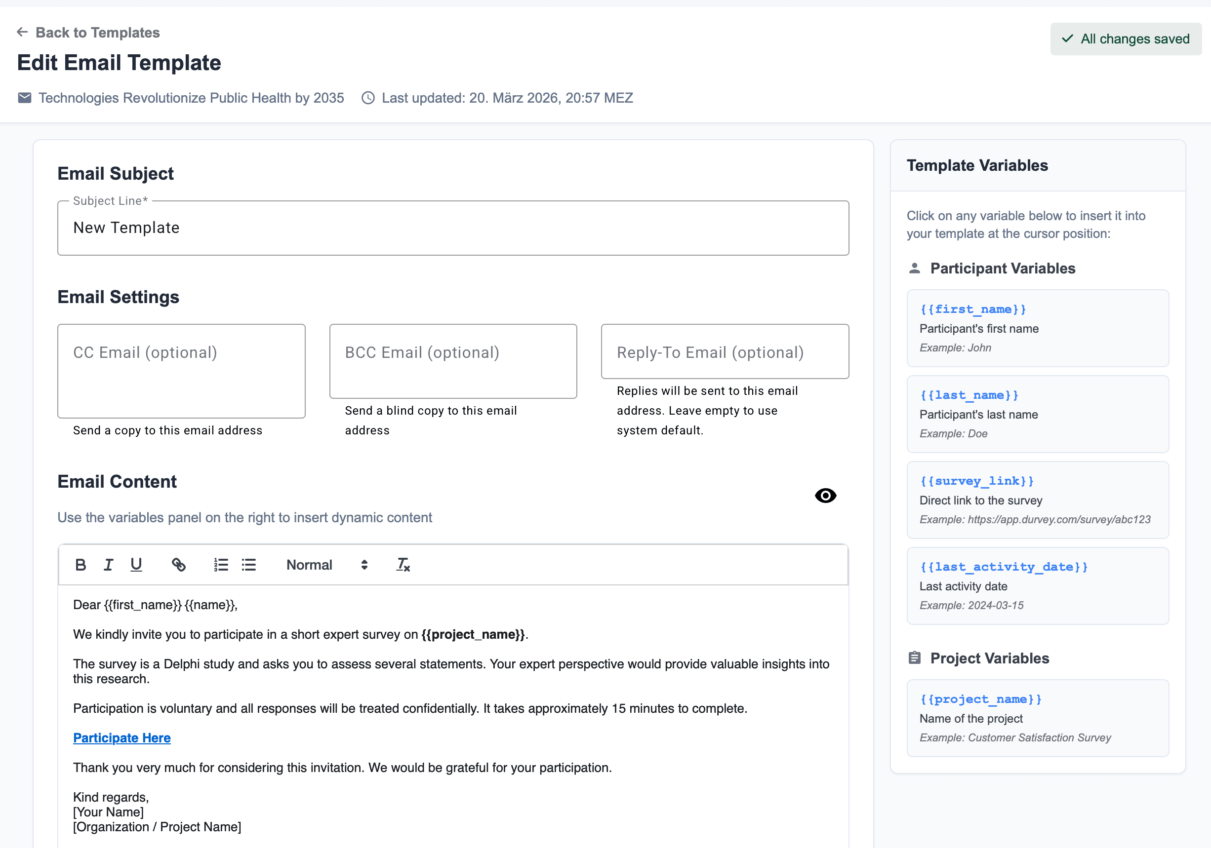 Email template editor in the Durvey Invitation Manager