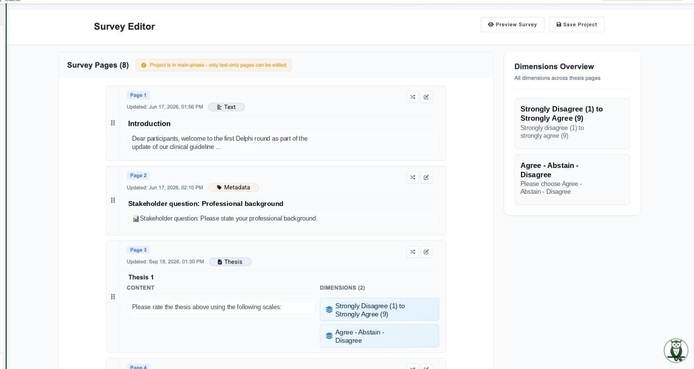 Durvey survey editor with thesis statements and question settings