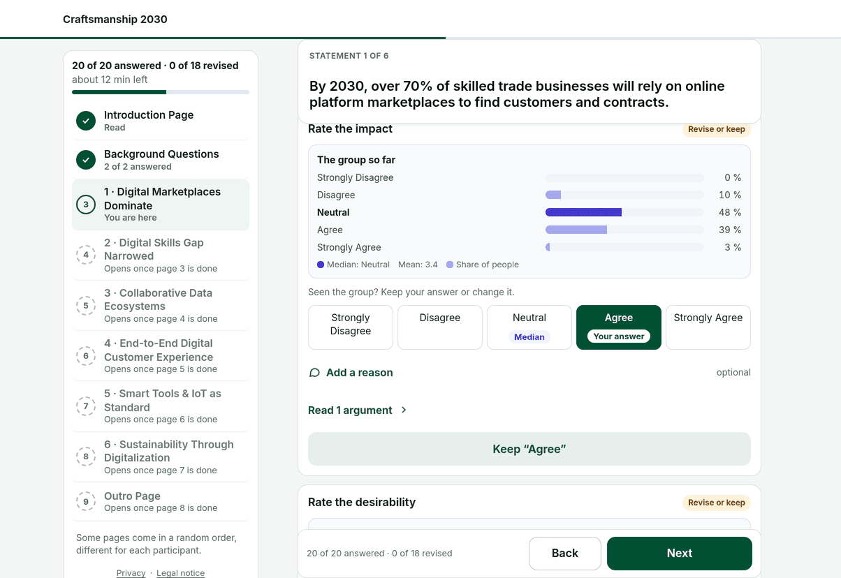 Durvey participant view - the group result next to your own answer, with arguments from the panel